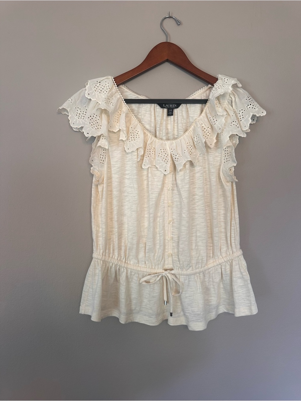 Black Label Ralph Lauren Cream Eyelet Ruffle Button-Front Top - Picture 3 of 4